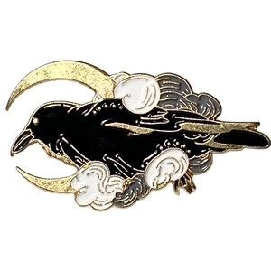 Pin 1.5” Raven Moon Clouds Crow Enamel Brooch Black Gold